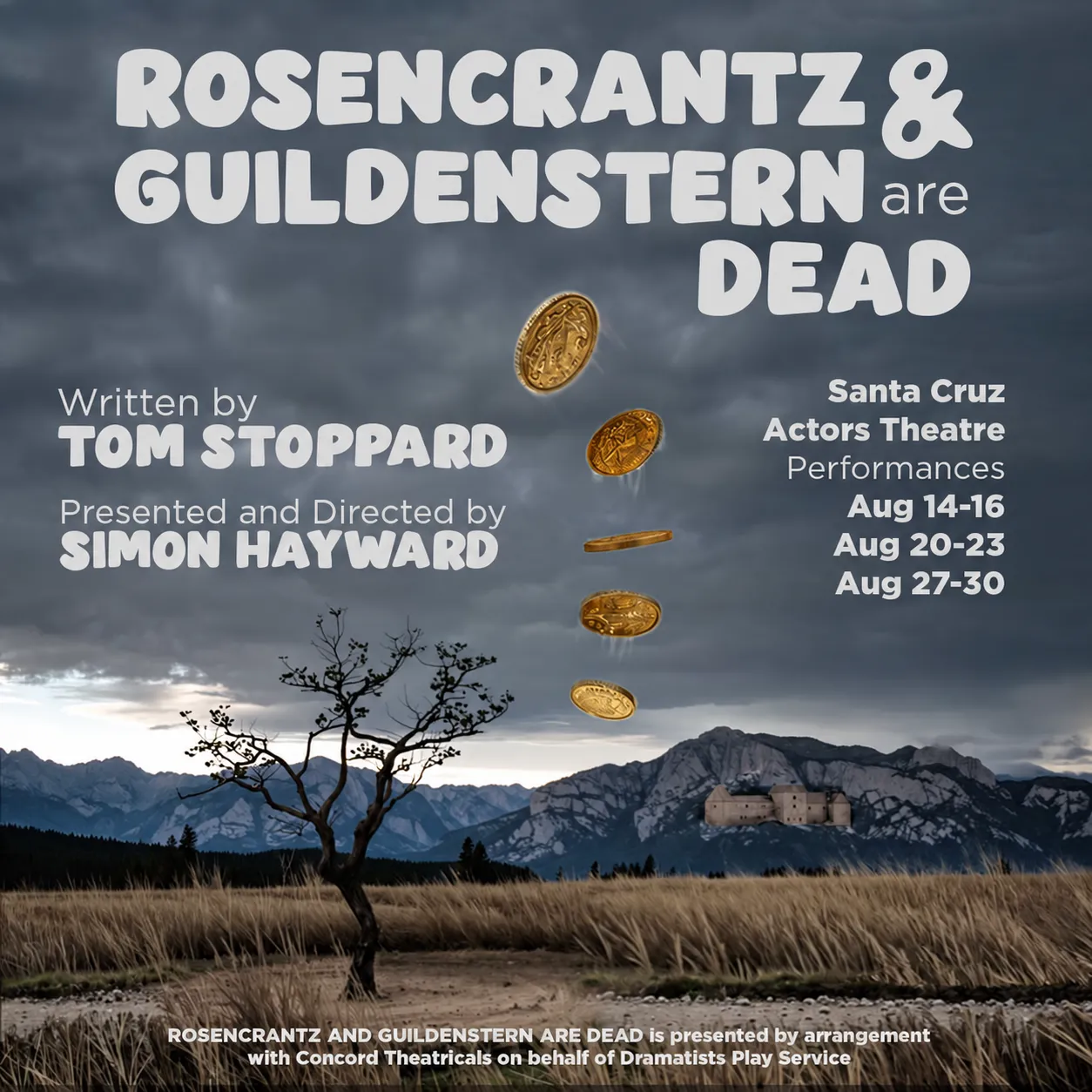 Rosencrantz and Guildenstern Are Dead production artwork, Santa Cruz, August 2026.